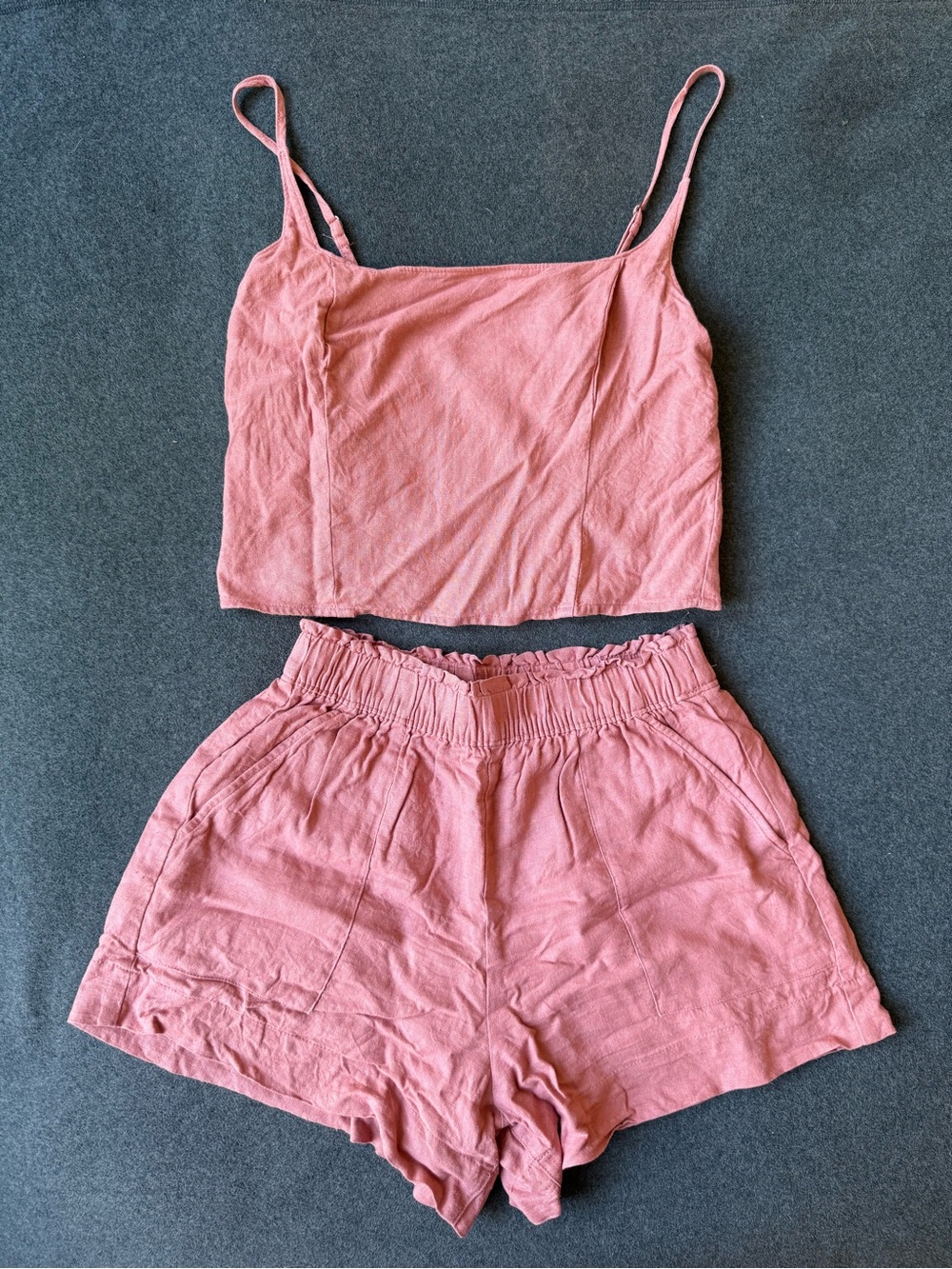 Abercrombie Pink Women's Two-Piece Linen Set – Crop Tank & Elastic Waist Shorts